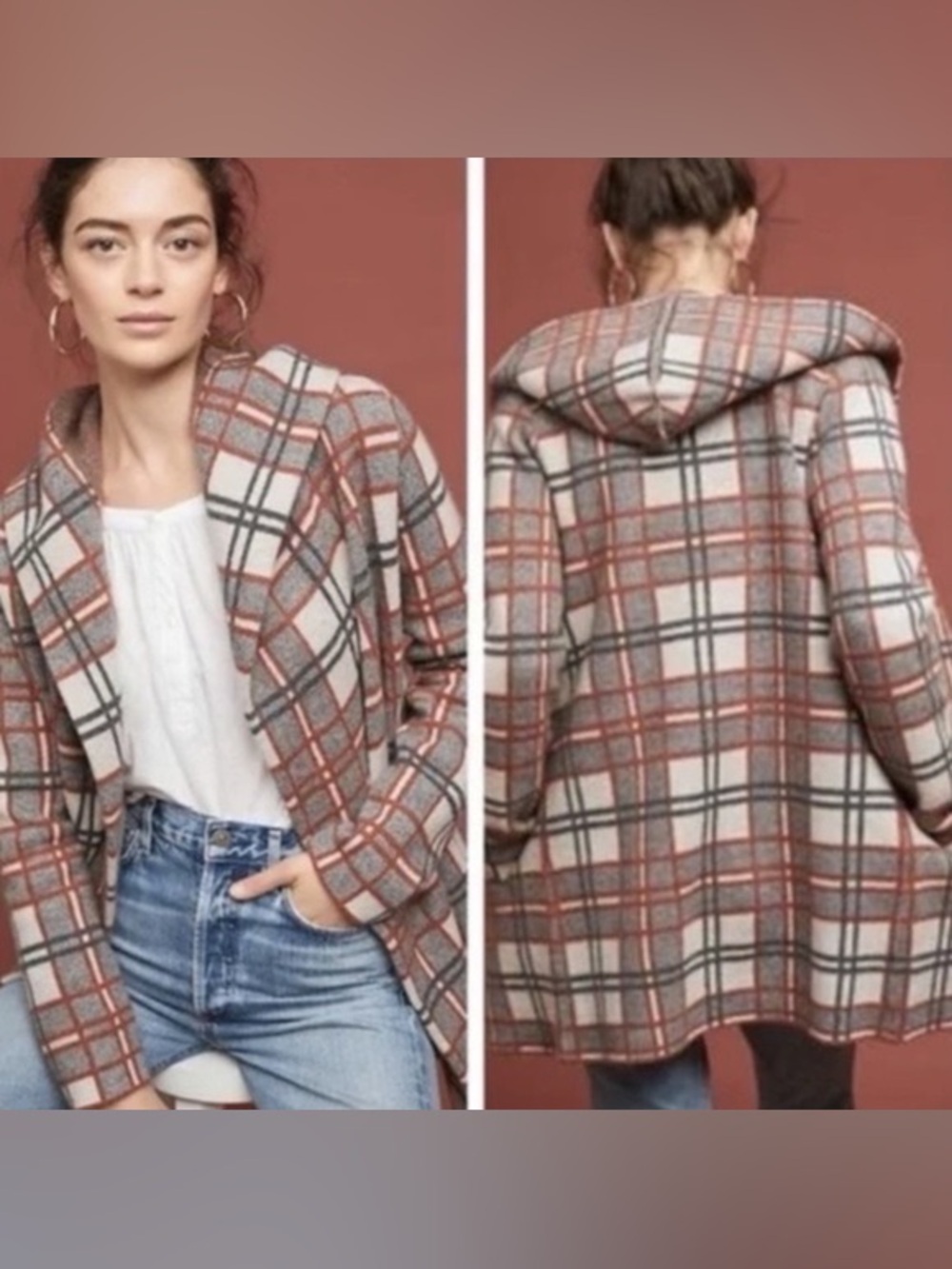 Field & Flower Wool Plaid Hooded Coatigan in Gray and Rust